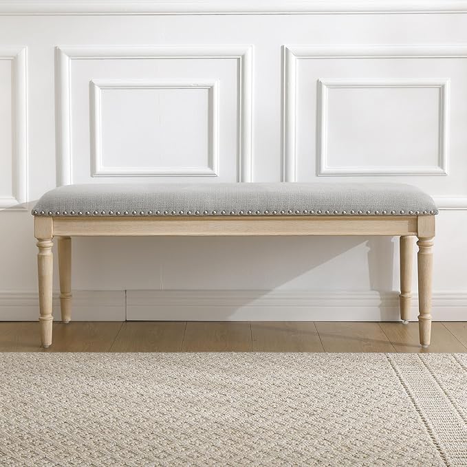 46'' French Country Entryway Bench Wooden Linen Fabric Upholstered Seat Dinng Bench with Nailhead Trim for Hallway End of Bed, Grey
