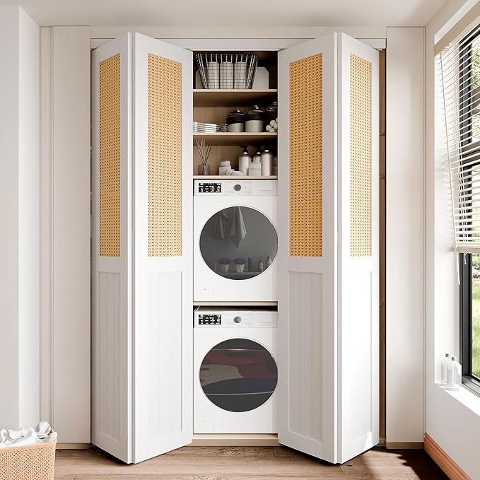 BARNER HOME Cane Bi-fold Doors - for 72"x 80" (Double 36" x 80" Doors) Opening, Webbing & Wood Interior Door Slab, Including Hardware, MDF, White Folding Door for Wardrobe