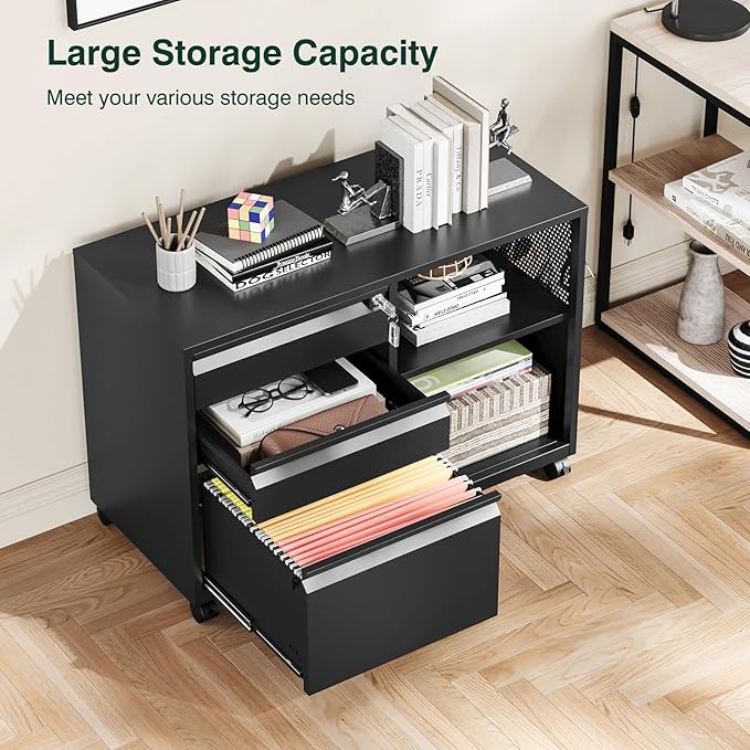 3 Drawer File Cabinet with Lock,Mobile Lateral Filing Cabinet,Metal Printer Stand Storage Cabinets with Shelves for Home Office(Black)