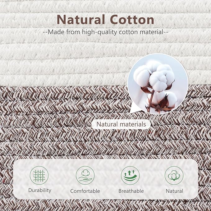 Cotton Rope Basket, Storage Baskets with Handle, 15x10x9 Inch Woven Basket for Shelves, Laundry, Towels, Clothes, Books (White Brown 3 Pack)
