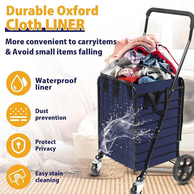Folding Shopping Cart for Groceries, Grocery Cart with Waterproof Liner and 360° Swiveling Wheels Collapsible Shopping Carts for Condo Laundry Transport Trip