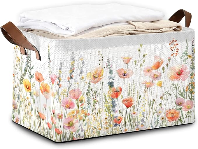 32L Large Storage Bins with Handles, Basket Organizer for Shelves, Closet, Books, Laundry & Home Decor (Flower Cluster)