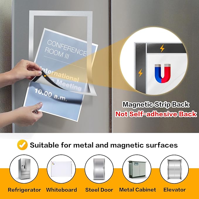 5Packs Magnetic Frames for Refrigerator - 8.5x11 Magnetic Sign Holder with Metal Surface - File/Paper/Document Holder & Photos/Picture/Poster Frame for Home/Office (Silver)