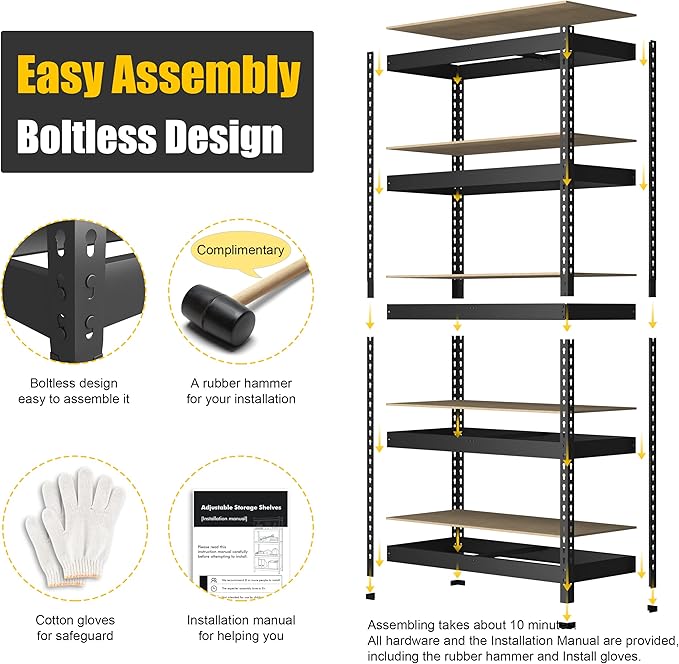 PrimeZone Storage Shelves 5 Packs 5 Tier Adjustable Garage Storage Shelving, Heavy Duty Metal Storage Utility Rack Shelf Unit for Warehouse Pantry Closet Kitchen, 35.5" x 15.75" x 71", Black