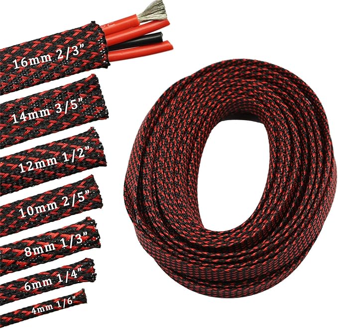 30ft PET Expandable Sleeving Wire Cable Sleeve (2/3", Red&Black)
