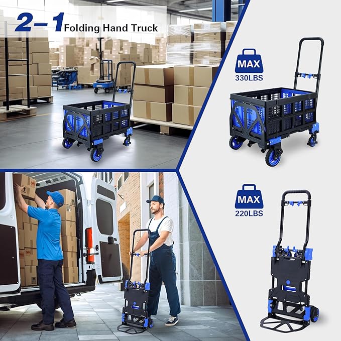 2 in 1 Hand Truck Dolly Foldable with Basket,Hand Truck Foldable with Retractable Handle,330LBS Capacity Folding Hand Cart,Portable Dolly Cart with Wheels for Moving