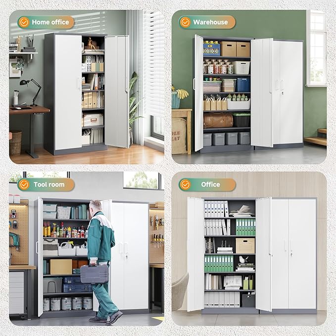Letaya Metal Storage Cabinet with Lock Door, 71" Adjustable Shelf Steel Lockers for Office, Home,School,Garage Utility Tool Cabinet (2 Door-White&Gray)