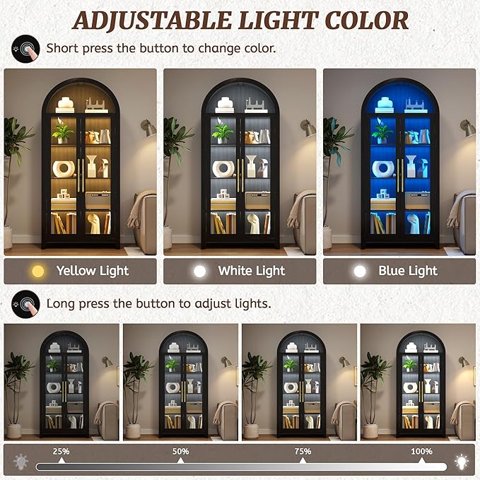 Vlsrka 71" Arched Display Cabinet with Glass Doors, Curio Cabinet with LED Light & Human Sensor, 5-Tier Display Cases for Collectibles, Storage Cabinet with Ajustable Shelf for Living Room(Black)