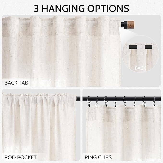 Ivory White Semi Sheer Linen Curtains 90 inch for Living Room Back Tab Rod Pocket Ivory White Cotton Textured Gauze Curtain Modern Farmhouse Coastal Decor 90 inches for Dining Room Office