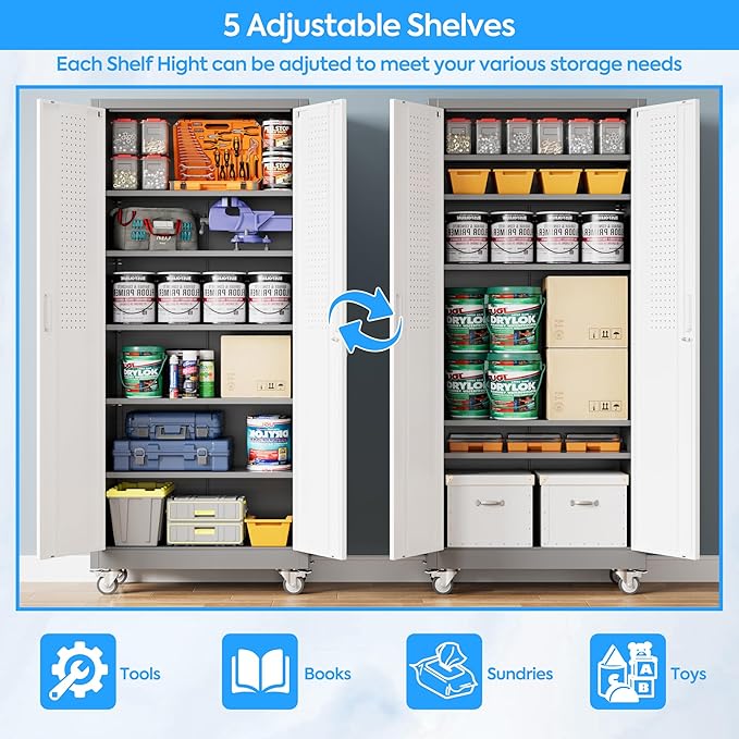 Aobabo Upgrade 71H''*32''W*16''D Metal Garage Storage Cabinet with Wheels and Pegboards, 5 Adjustable Shelves Steel Storage Cabinets for Home,Warehouse,Garage,Assembly Required,Grey and White