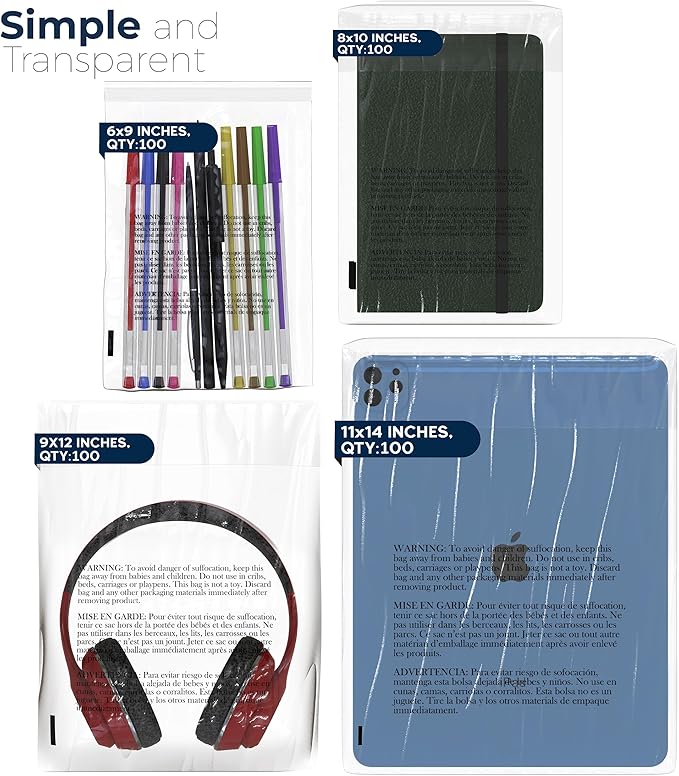Poly Bags with Suffocation Warning 6x9", 8x10", 9x12", 11x14" - Combo Pack of 400 (100 each size) - Clear Poly Bags by Retail Supply Co - Extra Strong Seal