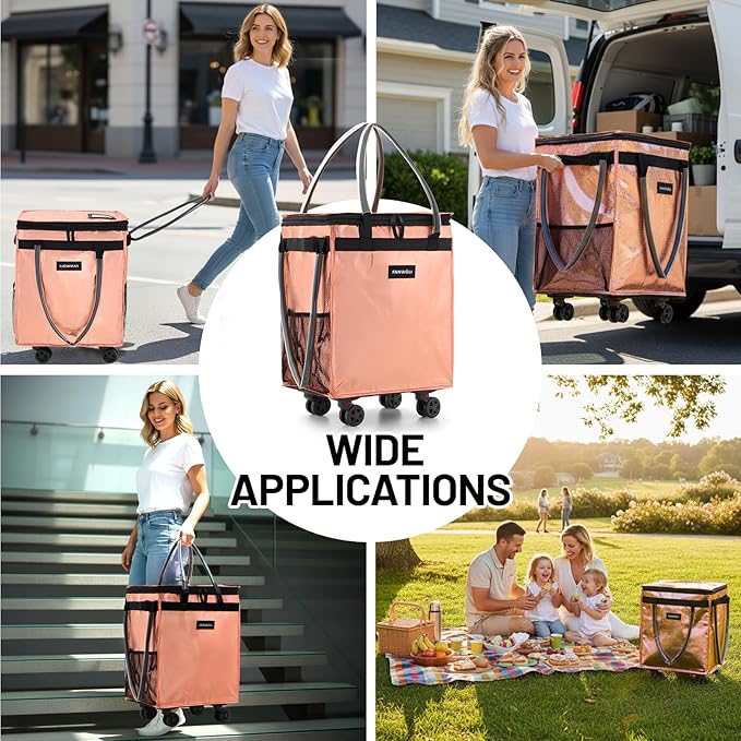 (Medium) Fanwoli Reusable Grocery Bag on Wheels with Upgraded Wrinkle-Resistant Fabric | Enhanced Stability Wheels & Extended Handle | Foldable Shopping Trolley for Laundry, Carries Up to 66 L