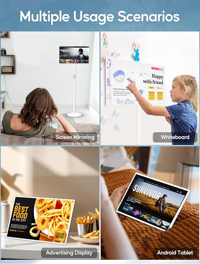 15.6" Digital Signage with 10000mAh Battery, Capacitive Touchscreen Advertising Display, Adjustable Stand, Android 11 Commercial LCD Monitor with Auto Play, Wireless Screen Mirroring, 2+32GB, White