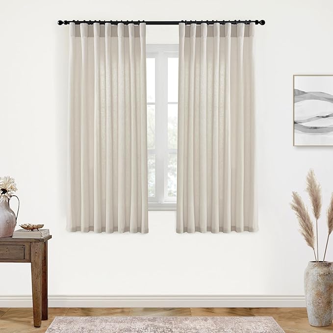 XTMYI Oatmeal Beige Back Tab/Hook Belt Linen Cotton Sheer Curtains 63 Inch Length for Bedroom Living Room