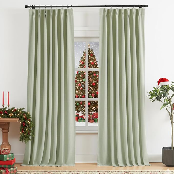 Vision Home Soft Green Pinch Pleated Full Blackout Curtains Linen Blended Room Darkening Curtain Panels 90 inch for Living Room Bedroom Thermal Insulated Pinch Pleat Drapes with Hooks 40" Wx90 Lx2
