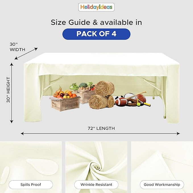 HolidayIdeas Open Back Fitted Tableclothss for 6 Foot Rectangle Table, Wrinkle Resistant Washable Table Covers 72x30 Inch for Craft Fairs, Banquets, Trade Show Display, Beige,4 Pcs