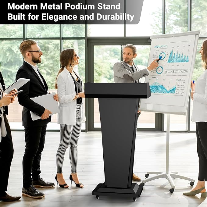 Tredre Podium Stand with Wheels, Heavy-Duty Metal Lecterns & Podiums with Storage, 46.5”H Portable Pulpits for Churches, Classrooms and Conferences, Scratch-Resistant Surface, Black