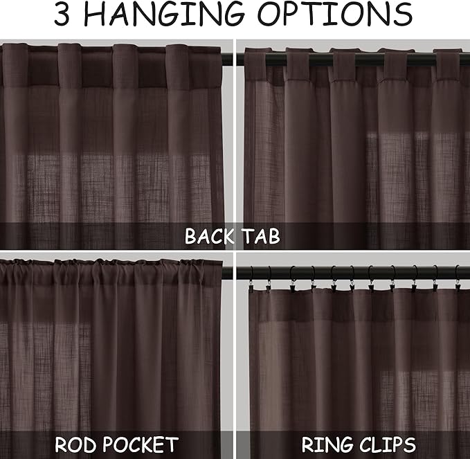 Coffee Semi Sheer Curtains 120 Inches Long 2 Panels Set Back Tab Loop Pocket Linen Blend Boho Large Window Curtain Extra Long Light Filtering Drapes High Ceiling Curtains for Living Room 52x120