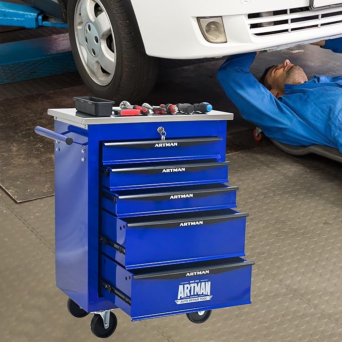 5 Drawers Tool Cart on Wheels with Stainless Steel Worktop, Heavy Duty Mobile Rolling Drawer Tool Chest with Locking Wheels & Lockable Drawers, Garage Tool Storage Cabinet (Blue, 5 Drawers)