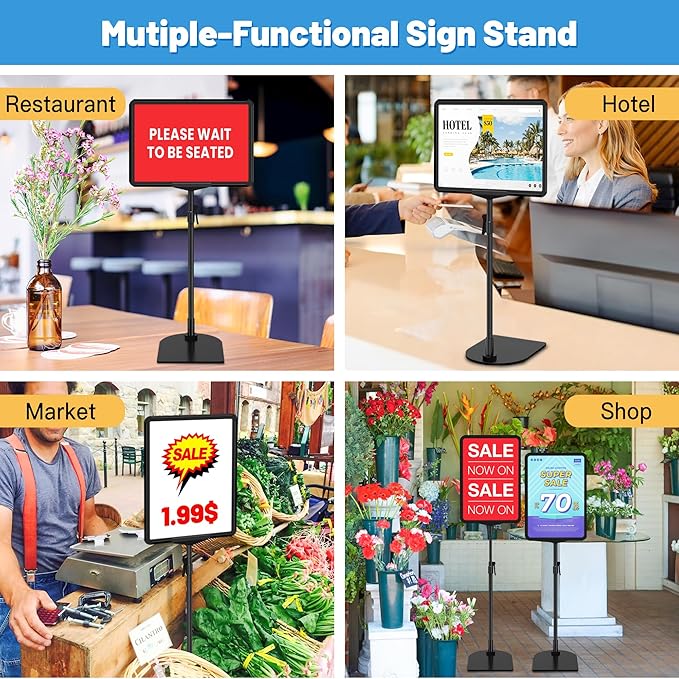 4Pack Sign Stand for Display 8.5 x 11, Adjustable Poster Stand for Table Top & Floor, Floor Standing Sign Holder, Metal Signage Stands for Business, Tradeshow, Store, Farm Display Stands