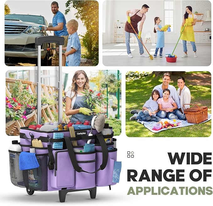 Rolling Cleaning Caddy Bag with Detachable Trolley, Cleaning Supplies Organizer Cart on Wheels, Cleaning Supply Caddy for Housekeepers, Large Professional Detailing Bag Tote for Home, Car (Purple)