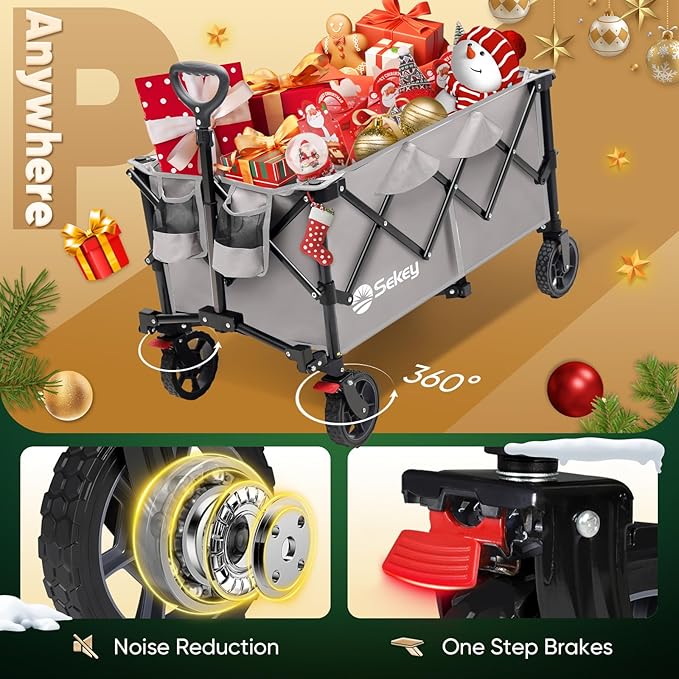 Sekey Collapsible Foldable Wagon with 330lbs Weight Capacity, Heavy Duty Folding Wagon Cart with Big All-Terrain Wheels & Drink Holders. Gray