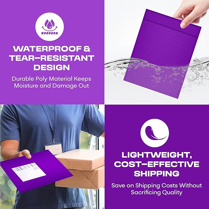 Purple 12.5x19.5 Inch Large Poly Bubble Mailers #6 | Padded Envelopes with Self Seal | Air Lined Cushioned Bubble Mailer | Usable Size 12.5x15 | 50 Pack Bulk | Lightweight shipping Bags