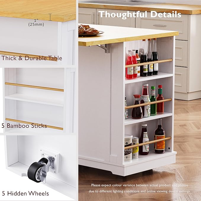 Rolling Kitchen Island with Drop Leaf & Power Outlet, Large Kitchen Islands Cart on Wheels, Movable Kitchen Island with 5 Open Storage Shelves & Towel Rack for Kitchen, Dining Room, 48-Inch, White