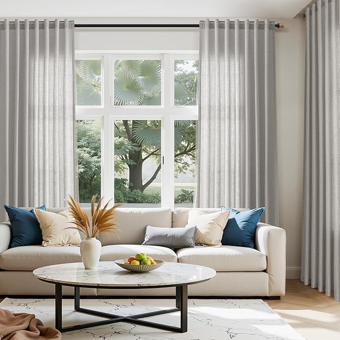 Nanspring Light Gray Linen Curtains 108 Inches Long for Living Room Extra Long Simple Modern Coastal Decor Semi Sheer Curtain Grey Back Tab Floor to Ceiling Drapes for Bedroom 52x108, 2 Panels