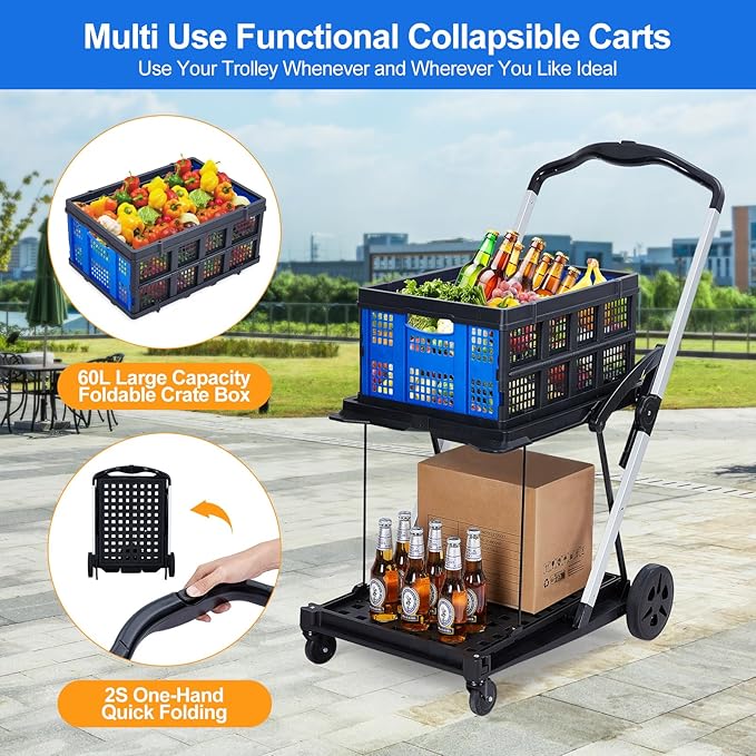 Heavy-Duty 2-Tier Folding Utility Cart with Wheels – Collapsible Shopping Trolley – Removable Storage Crate, 198 lb Capacity, Lightweight Portable Aluminum, Outdoor Garden Yard Wagon – Blue