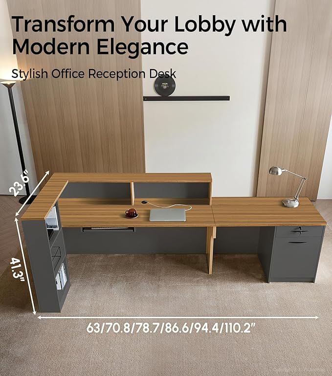 Modern L-Shaped Reception Desk with Counter - 71" Front Desk Reception Counter with Open Shelves, Lockable Drawer, Keyboard Tray & Modesty Panel for Office, Lobby, Salon, Spa, Retail Checkout, Left