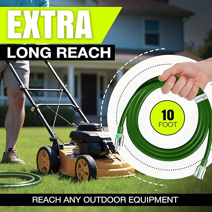 10ft Outdoor/Indoor Extension Cord 10/3 Gauge Ultra Heavy Duty 3 Prong SJTW, Waterproof, Flexible Cold-Resistant Long Power Cord,15A 125V 1875W, Green by LifeSupplyUSA