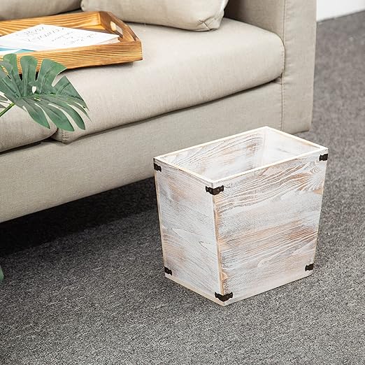 VERGOODR Grey Farmhouse Style Torched Wood Trash Can Waste Bin with Decorative Metal Brackets Trash Can for Bedroom,Living Room, Bathroom & Office (Washed White)