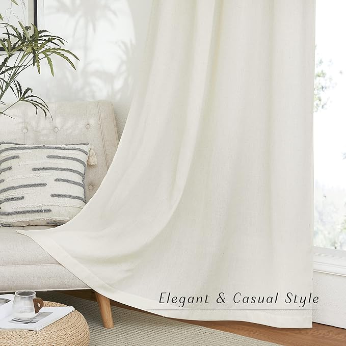 NICETOWN Kitchen Window Curtains 45 inch Long, Linen Texture Rod Pocket Rustic Privacy Drapes Semi Sheer with Light Filtering for Basement/Bathroom, Off White, W55 x L45, 2 Panels
