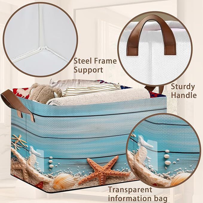 Beach Seashell Starfish Storage Basket Large 17x11.5x10.5 Inche-Collapsible Fabric Organizer Bin with Handles for Bathroom, Nursery, Beach Towels-Decorative Hamper with Coastal Nautical-Single Pack