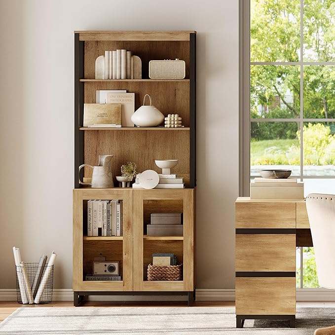 WAMPAT Modern 72" Tall Bookcase with Glass Doors and Adjustable Shelves, Library Book Shelf with Storage Cabinet and Open Book Shelfs, Wood Bookshelf for Home Office, Living Room, Oak