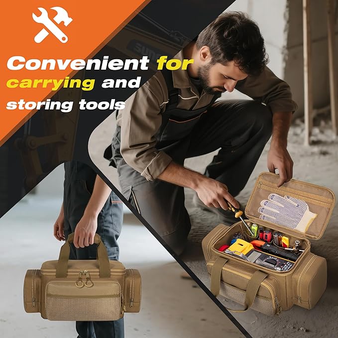 Small Tool Bag with Anti-friction Bottom, Tactical 12" Tool Tote for Men, Hand Tool Storage Organizer for Electrician, Repairman and Carpenters, Khaki