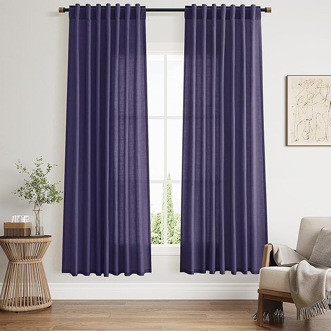 Purple Linen Curtains 72 Inch Long for Living Room Bedroom Lightweight Door Drapes 2 Panels Set, Semi Sheer Light Filtering Back Tab or Rod Pocket Curtain,52x72