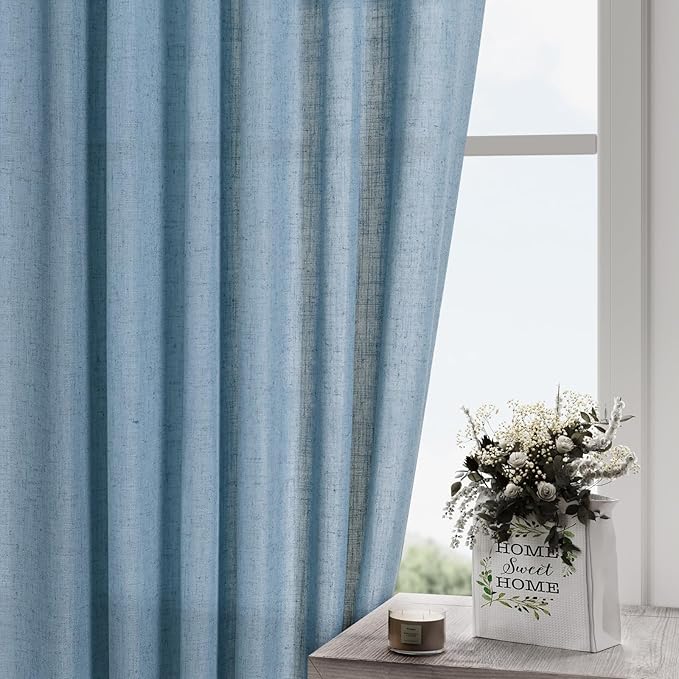 Blue Linen Textured 96 Inch Curtains 2 Panel Set Back Tab Rod Pocket Sheer Pleated Boho Room Decor Aesthetic Curtains Dusty Blue Burlap Look Curtain Drapes for Living Room Bedroom 8Ft 40x96 Inch