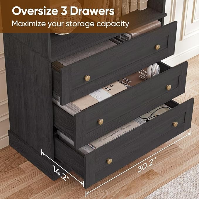 Vyre 71" Tall Farmhouse Bookshelves with Drawers, Set of 3 – Large Modular Bookcase with Adjustable Shelves, Storage Cabinet for Living Room, Kitchen, Home Office, Black