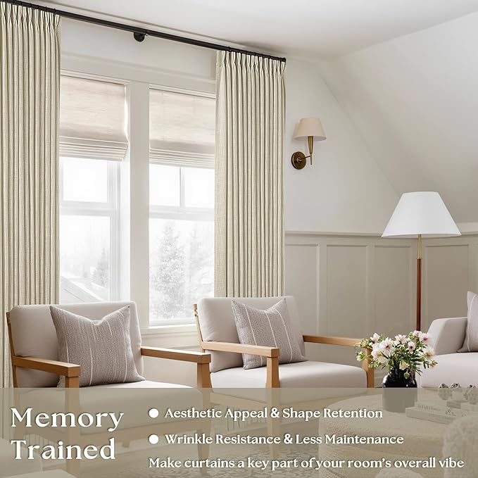 Beige Linen Curtains 96 Inches Long Pinch Pleated 2 Panels for Living Room Bedroom Memory Trained Semi Sheer Neutral Flax Pinch Pleat Drapes with Hooks Rings Light Filtering Window Curtain 40x96