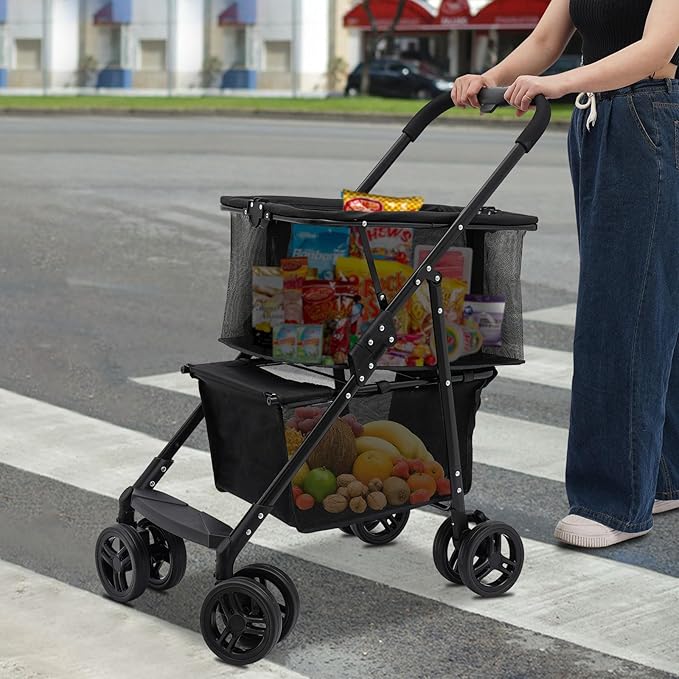 Foldable Shopping Cart, 110lbs Grocery Stroller with Removable Basket, Portable Personal Collapsible Cart with Wheels, Snack Storage Utility Cart for Supermarket Living Room Grocery