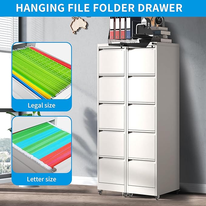 5 Drawer Rolling File Cabinet with Lock, Metal Filing Cabinets on Wheels, Vertical Steel Office Drawers Storage for Hanging Legal/Letter Folders, Require Assembly (White)