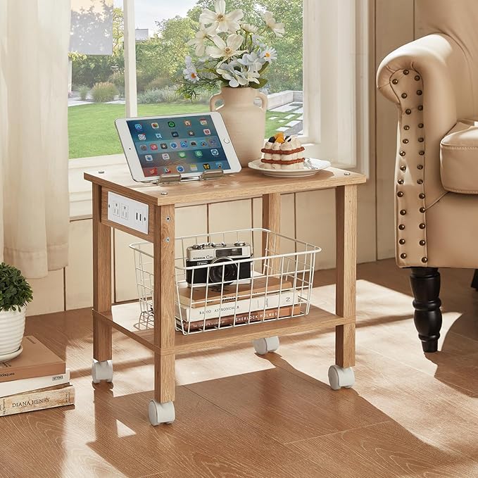 2 Tier Under Desk Printer Stand with Storage, Small Printer Table with Charging Station, Rolling Printer Cart Shelf with Lockable Wheels for Home, Office (Natural)