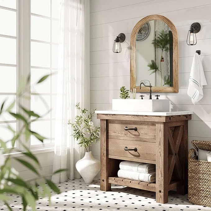 LOSOUR Arched Mirror, Farmhouse Decor Solid Wood Frame Wall Mirror, Bathroom Mirrors, Large Vintage Mirror for Bathroom, Living Room,Bedroom, Entryway, Hallway,Foyer (Brown, 36" L x 24" W)