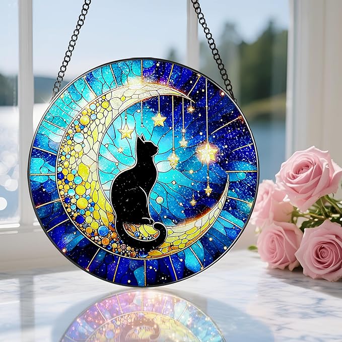 8 Inch Stained Glass Suncatcher Ornament, DOUHASU Black Cat Sun Catchers Indoor Window, Stained Glass Window Hanging, Indoor Decor, Home Decor Gift, Gifts for Cat Lovers, Pet Lover Gift