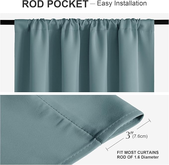 PONY DANCE Greyish Blue Curtains Light Block - Thermal Insulated Rod Pocket Draperies Energy Saving/Short Window Covering for Bedroom Bay Windows, 42 Wide by 45 inch Drop, Fluorescent Blue, 2 Panels