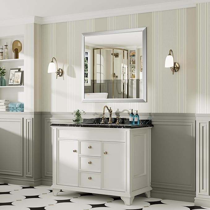 40x38 Inch Brushed Nickel Bathroom Mirror for Wall, Thick Metal Framed Rectangle Mirrors for Over Sink, Bedroom, Living Room, Entryway, Anti-Rust, HD Tempered Glass