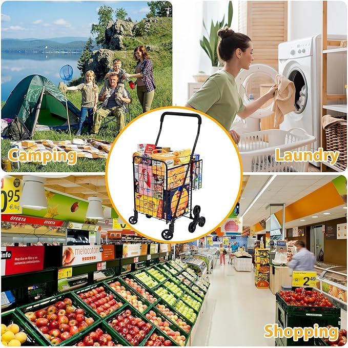 Grocery Shopping Cart with 360° Rolling Swivel Wheels Stair Climber Utility Cart Easily Collapsible Cart with Tri-Wheels, 66lb Extended Foam Cover, Trolley for Stair, Laundry, Travel (Black)