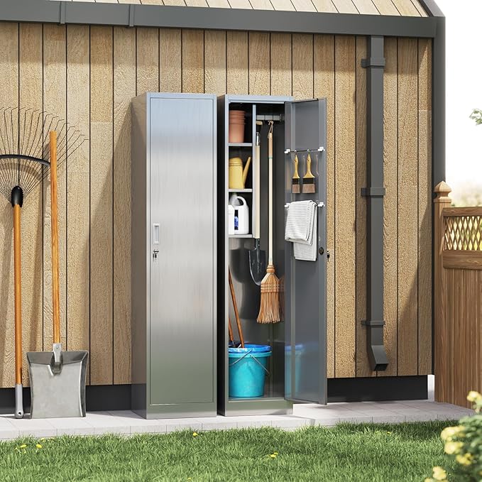 Yizosh Outdoor Storage Cabinet,Steel Broom Cloest with Locking Doors and Shelves,- 71" Broom Storage Cabinet with Hang Rods for Yard,Garden,Garage,Pation